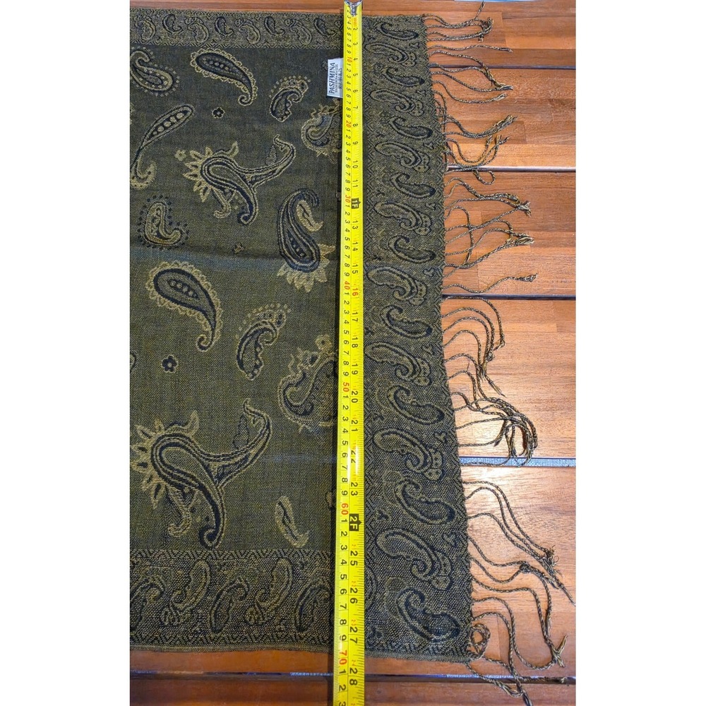 Pashmina Cashmere Silk Paisley Scarf Shawl Olive Green Gold Luxury Old Money - Picture 4 of 5